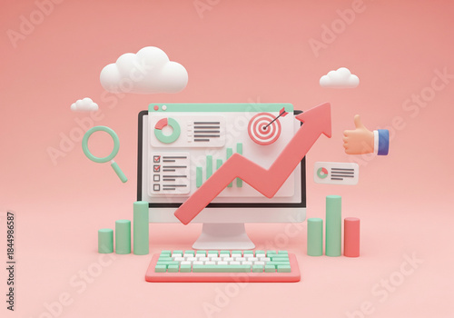 Modern 3D digital marketing and business analytics dashboard showing growth and success.