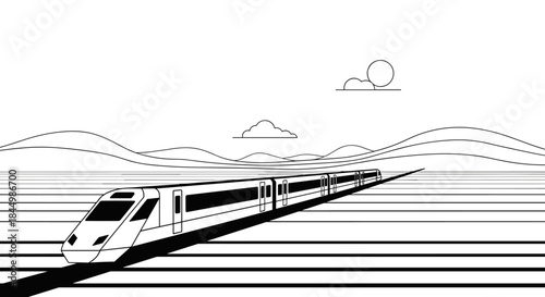 High speed train glides along parallel tracks across a wide landscape with distant hills and simple cloud filled sky in bold line art.