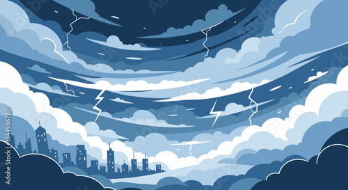 Stormy cityscape under a swirling blue sky with jagged lightning filling the clouds and a distant urban horizon bathed in dramatic night light.