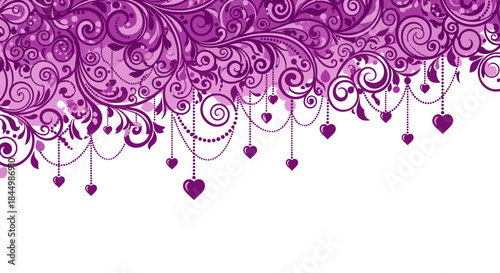 Purple ornamental swirls and vines with hanging hearts forming a romantic decorative border design suitable for valentine themes.