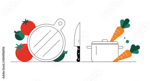 Bright kitchen scene features fresh vegetables a round cutting board a knife and a pot arranged on a clean counter with simple vector style.