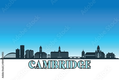 Global city Cambridge shown in a detailed vector skyline with a bright blue sky	
