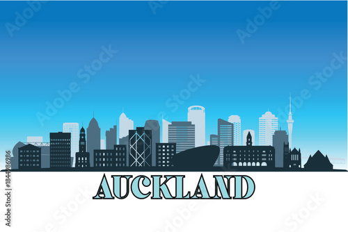 Global city Auckland shown in a detailed vector skyline with a bright blue sky	