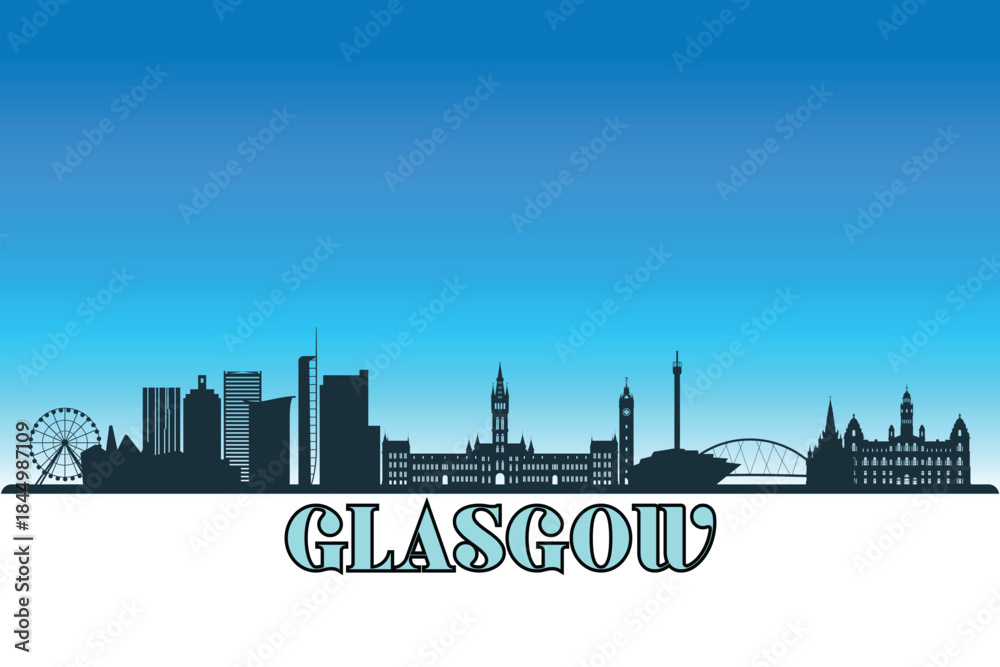 Naklejka premium Global city Glasgow shown in a detailed vector skyline with a bright blue sky 