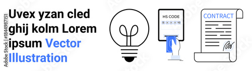 Business development, innovation, digital tools, electronic contracts, creative ideas, professional workflow. Lightbulb, tablet with code and signed contract. Business development and creative ideas