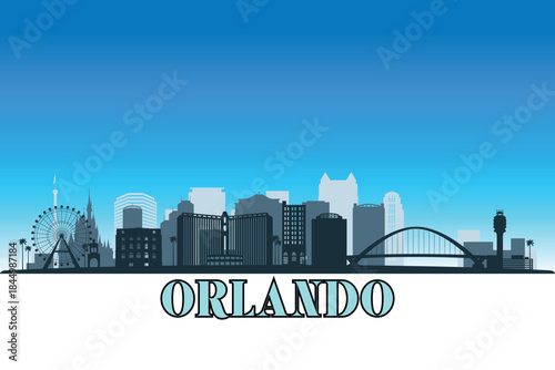 Global city Orlando shown in a detailed vector skyline with a bright blue sky	