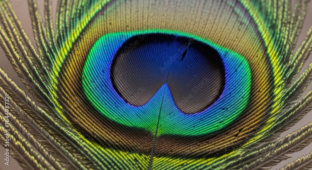 Obraz premium Close-up of a peacock feather showcasing vibrant colors and intricate patterns, capturing its