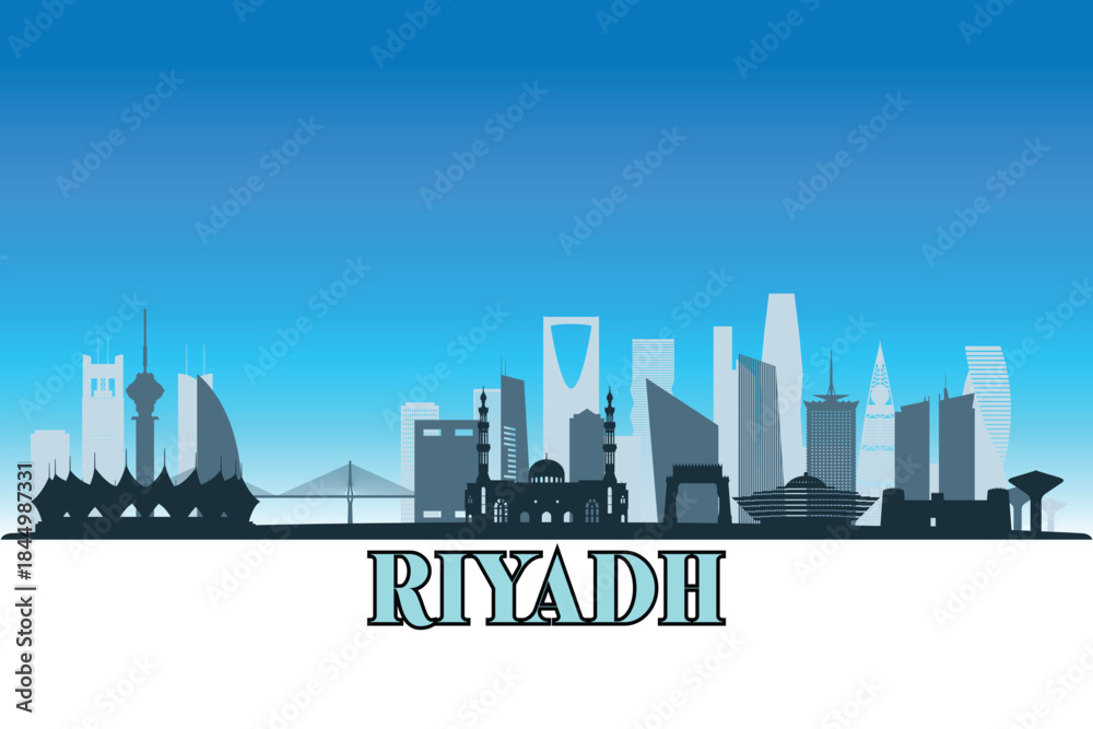 Naklejka premium Global city Riyadh shown in a detailed vector skyline with a bright blue sky 