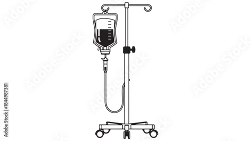 Vector illustration of vertical intravenous therapy drip stand with fluid bag for hospital patient treatment