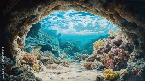 The view from deep within a shadowy cave, looking out at a brilliant, sunlit coral reef teeming with life, contrast