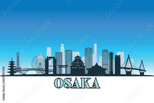 Global city Osaka shown in a detailed vector skyline with a bright blue sky	