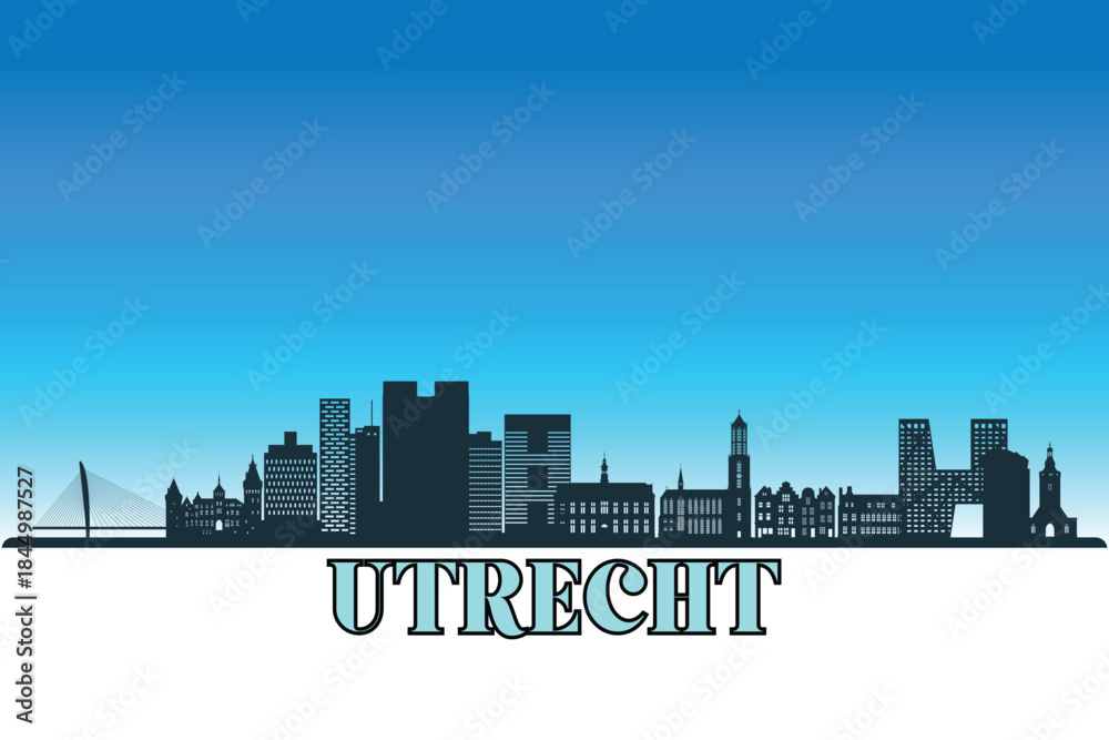 Naklejka premium Global city Utrecht shown in a detailed vector skyline with a bright blue sky