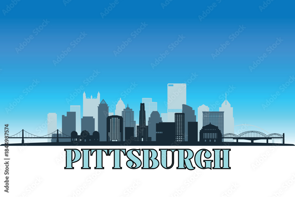 Naklejka premium Global city Pittsburgh shown in a detailed vector skyline with a bright blue sky 