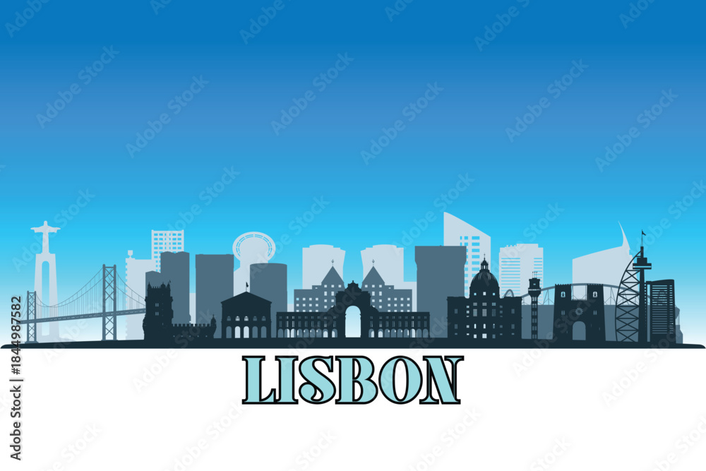 Naklejka premium Global city Lisbon shown in a detailed vector skyline with a bright blue sky