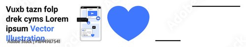 Social media, digital design, app development, online interaction, UI concepts, connectivity. Mobile screen with a blue heart icon and text. Social media and digital design