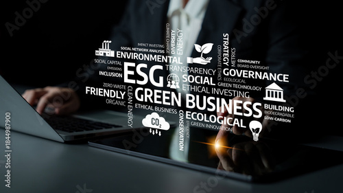 Slika na platnu A business professional illustrates the concept of ESG in a corporate setting, focusing on social responsibility, sustainability, and ethical practices for a brighter future