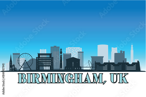 Global city Birmingham, UK shown in a detailed vector skyline with a bright blue sky	