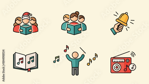 Christmas Carol Icon Set Illustration with Choir, Bell, Songbook, Conductor and Radio Music
