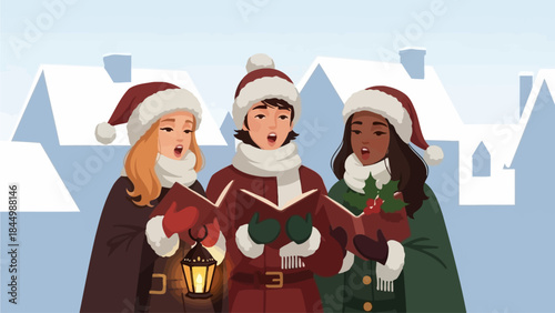 Christmas Carol Singers Illustration with Winter Choir Performing Holiday Songs in Snowy Village