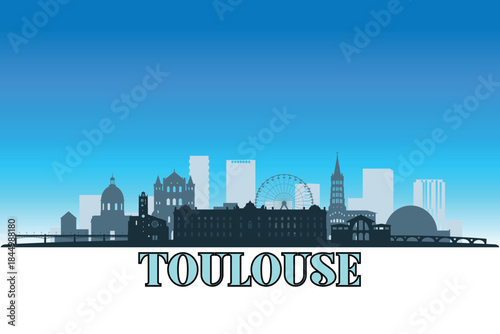 Global city Toulouse shown in a detailed vector skyline with a bright blue sky	