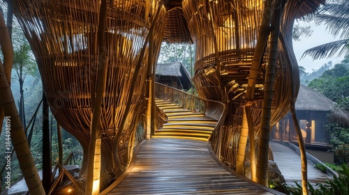 Bamboo architecture, intricate woven structures forming pavilions and walkways, lightweight and sustainable