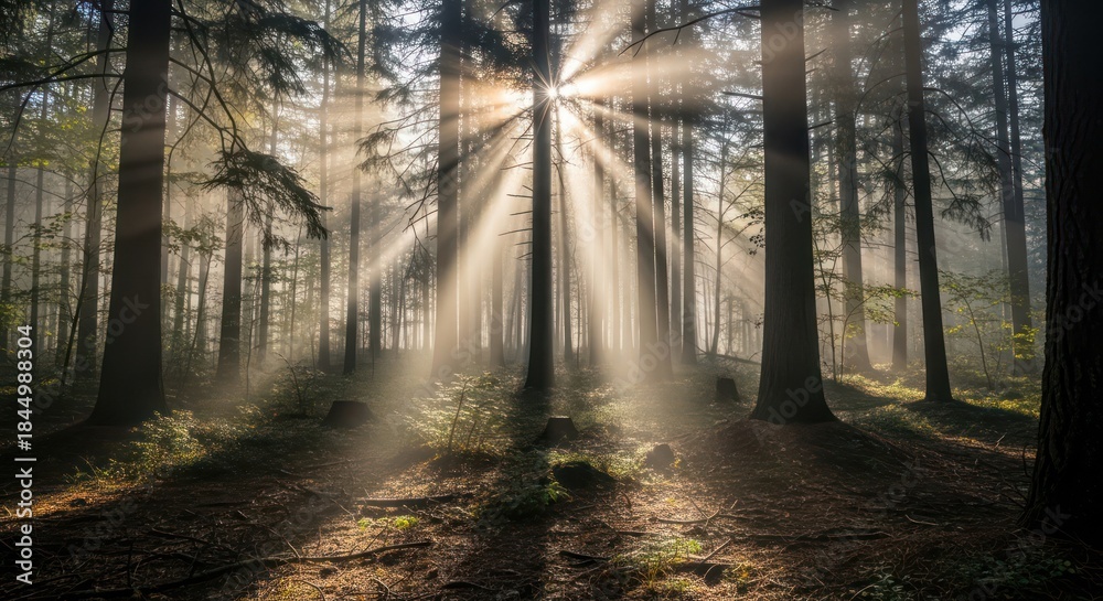 Fototapeta premium Sunbeams filtering through dense forest canopy create ethereal woodland scene