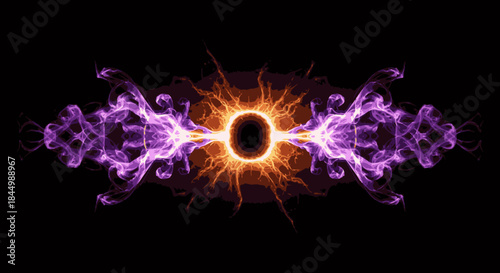 A vibrant abstract design features a glowing orange core, symmetrically flanked by purple energy, evoking cosmic power and futuristic concepts.