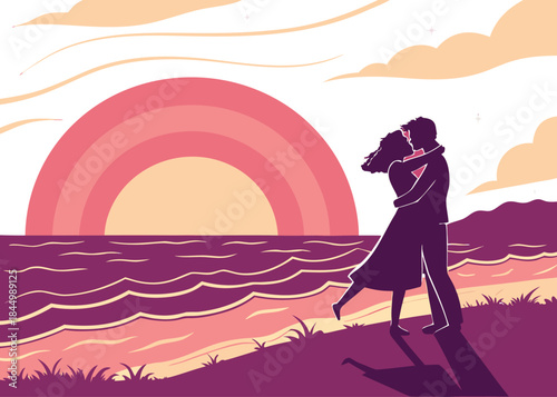 Romantic silhouette of a couple embracing by the ocean during a vibrant and serene sunset