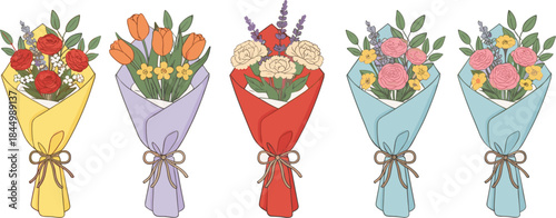 Beautiful hand drawn flower bouquet collection with roses tulips and spring flowers wrapped in paper
