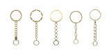 Golden keychain vector set, 3D realistic metal keychain with straight chain and ring, steel keyholder for keys, breloque