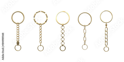 Golden keychain vector set, 3D realistic metal keychain with straight chain and ring, steel keyholder for keys, breloque