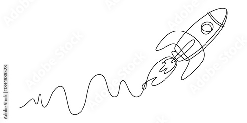 Minimalist continuous line drawing of a space rocket launching upward on a white background Vector, illustration