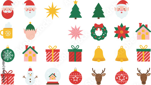 Christmas holiday flat icon set with Santa tree gift star ornament bell snowman festive elements