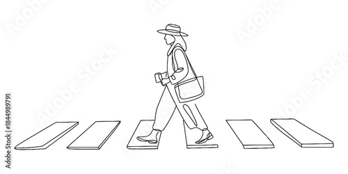 A person walking across a crosswalk illustration in black and white line art Vector, illustration