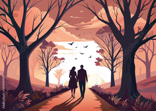 A romantic walk at sunset: couple strolling hand-in-hand beneath silhouetted trees