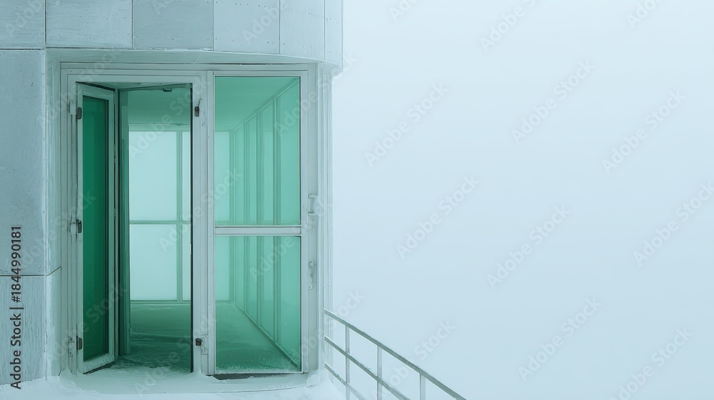 Fototapeta premium Modern doorway opens onto an expansive field of thick, pale atmosphere