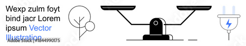 Renewable energy, eco-balance, resource management, electricity, green living, sustainability. Minimalistic balance scale, tree symbol and electric plug. Renewable energy and eco-balance concept