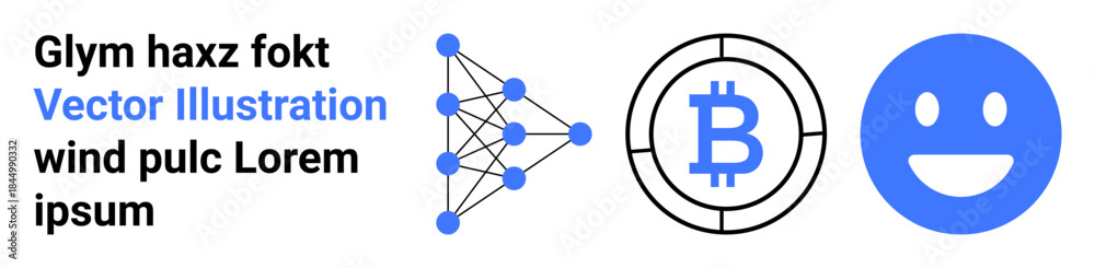 Fototapeta premium Artificial intelligence, blockchain, cryptocurrency, digital emotions, technology icons, future tech. A neural network, Bitcoin symbol and smile. Artificial intelligence and blockchain concept