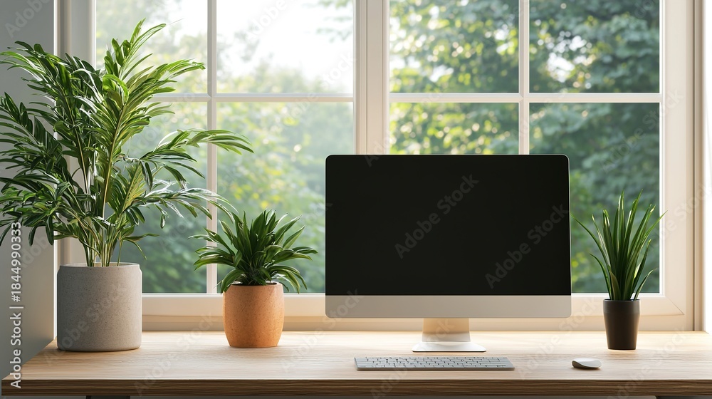 Fototapeta premium Bright modern workspace with sunlight home office digital environment natural setting cozy viewpoint inspiration