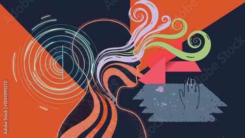 Vector Illustration of abstract human head with colorful flowing waves, spiral patterns, and geometric shapes representing creative thinking and mental energy.