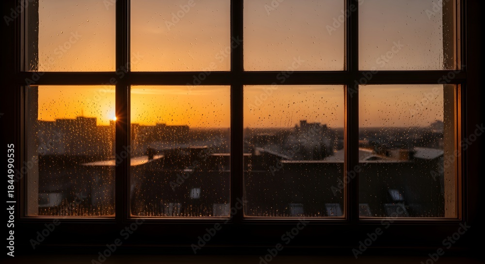 Fototapeta premium Golden Hour Sunset Through a Window Overlooking a Cityscape.