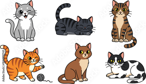 Cute cartoon cat character set with different poses breeds and fur patterns flat vector illustration