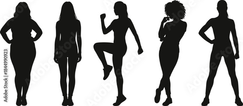 Female body type silhouette collection, women shapes from curvy to athletic poses, fitness lifestyle confidence concept, isolated background illustration