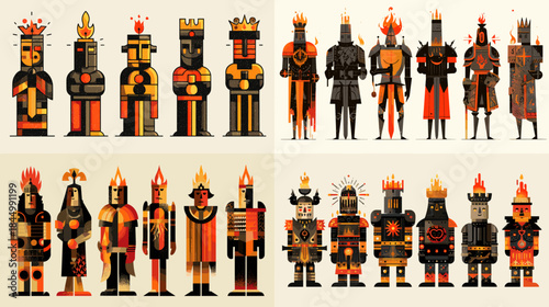 Stylized tribal warrior characters with geometric armor and bold colors inspired by ancient cultures suitable for character design illustration games and fantasy themed projects