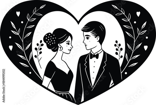 A loving couple exchanging glances within an elegant heart frame adorned with foliage