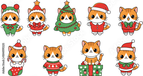 Cute Christmas cat character set with festive costumes Santa outfits tree gift box and holiday decorations flat vector illustration