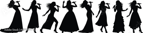Female singer silhouette performing live, woman vocalist holding microphone on stage, elegant dress concert music show illustration isolated background