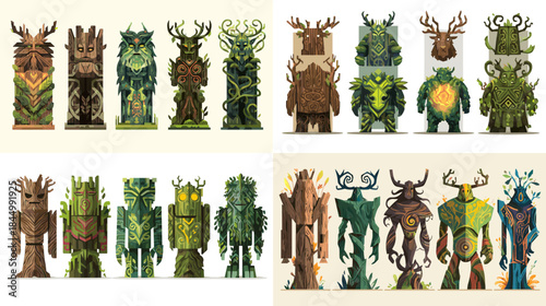 Fantasy tree spirit and wooden creature characters inspired by nature mythology ideal for game art illustration storytelling and magical forest themed designs