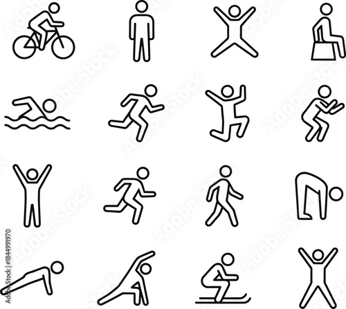 Human activity icon set, people motion poses exercise sports actions, simple outline pictogram collection for fitness interface design apps web