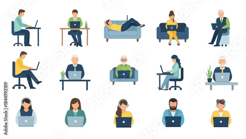 Diverse individuals engaging in remote work and online tasks with laptops, a collection of flat illustrations